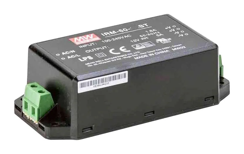 IRM-60-15ST - AC-DC, 60Вт, вход 85...264В AC 47...440 Гц, выход 15В/4А, изоляция 3000В AC, в корпусе на шасси, 109x52x33.5мм, -30...+70°C, винтовые зажимы