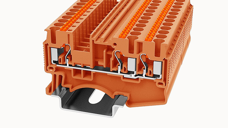 Проходная клемма DS2.5-TW-01P-15 - Проходная клемма, 3 точки подключения, тип фиксации провода: Push-in, номинальное сечение: 2.5 мм кв.,  24A, 800V, ширина: 5,2 мм, цвет: оранжевый, втычная перемычка, тип монтажа:  DIN35