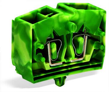 Клемма мини 254347 - Мини клемма, верхний подвод кабеля, 4 точки подключения в клемме, тип фиксации провода: пружинный, номинальное сечение: 2,5 мм кв., 24A, 800V, цвет: желто-зеленый, тип монтажа: защелки в панель