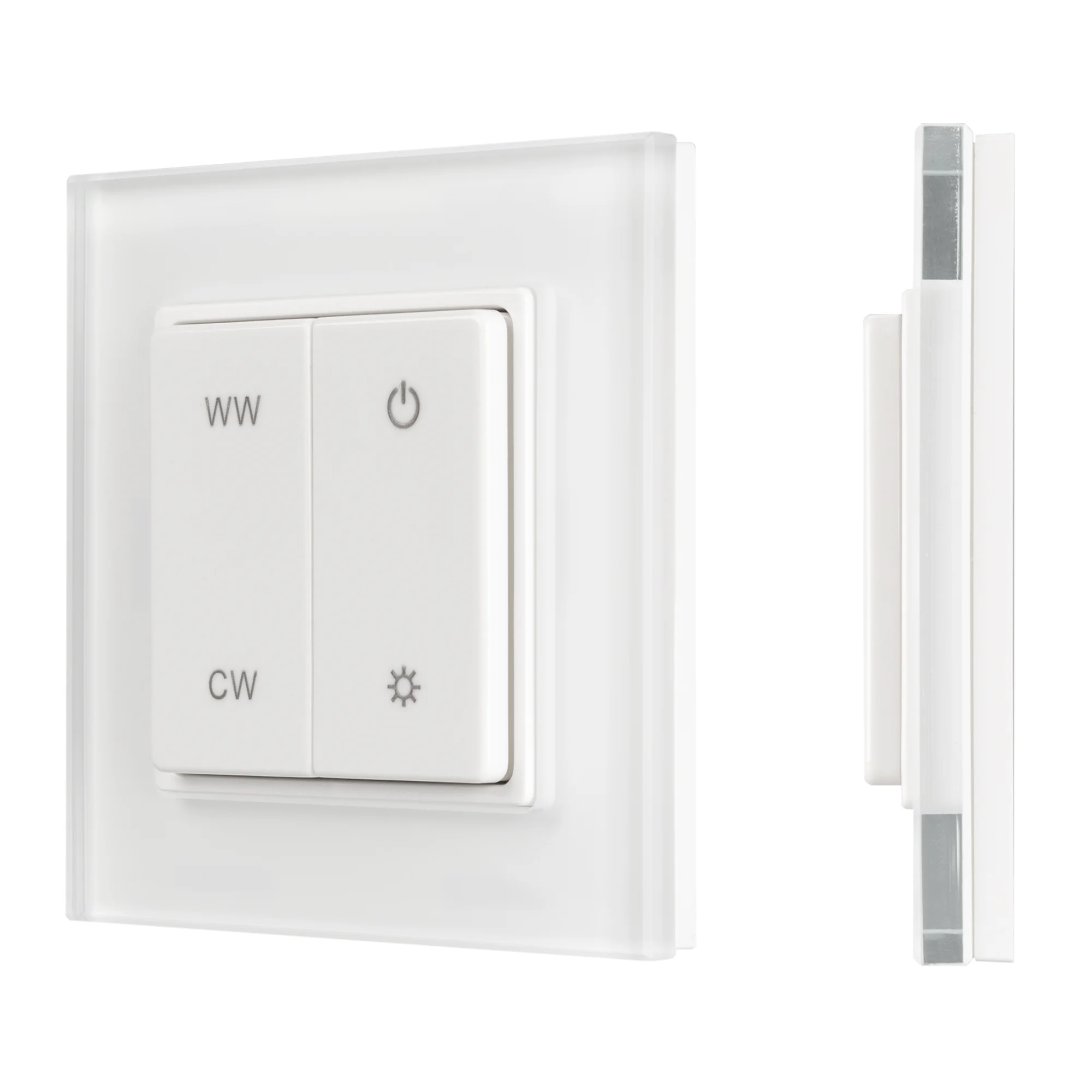 Панель SMART-P49-MIX-G-SUF (3V, 1 зона, Knob, 2.4G) 032985 - Накладная кнопочная панель 2.4 ГГц, цвет белый. Материал - стекло. Для управления мультибелыми (MIX) источниками света (ШИМ), 1 зона управления. Питание/рабочее напряжение 3VDC от батарейки CR20