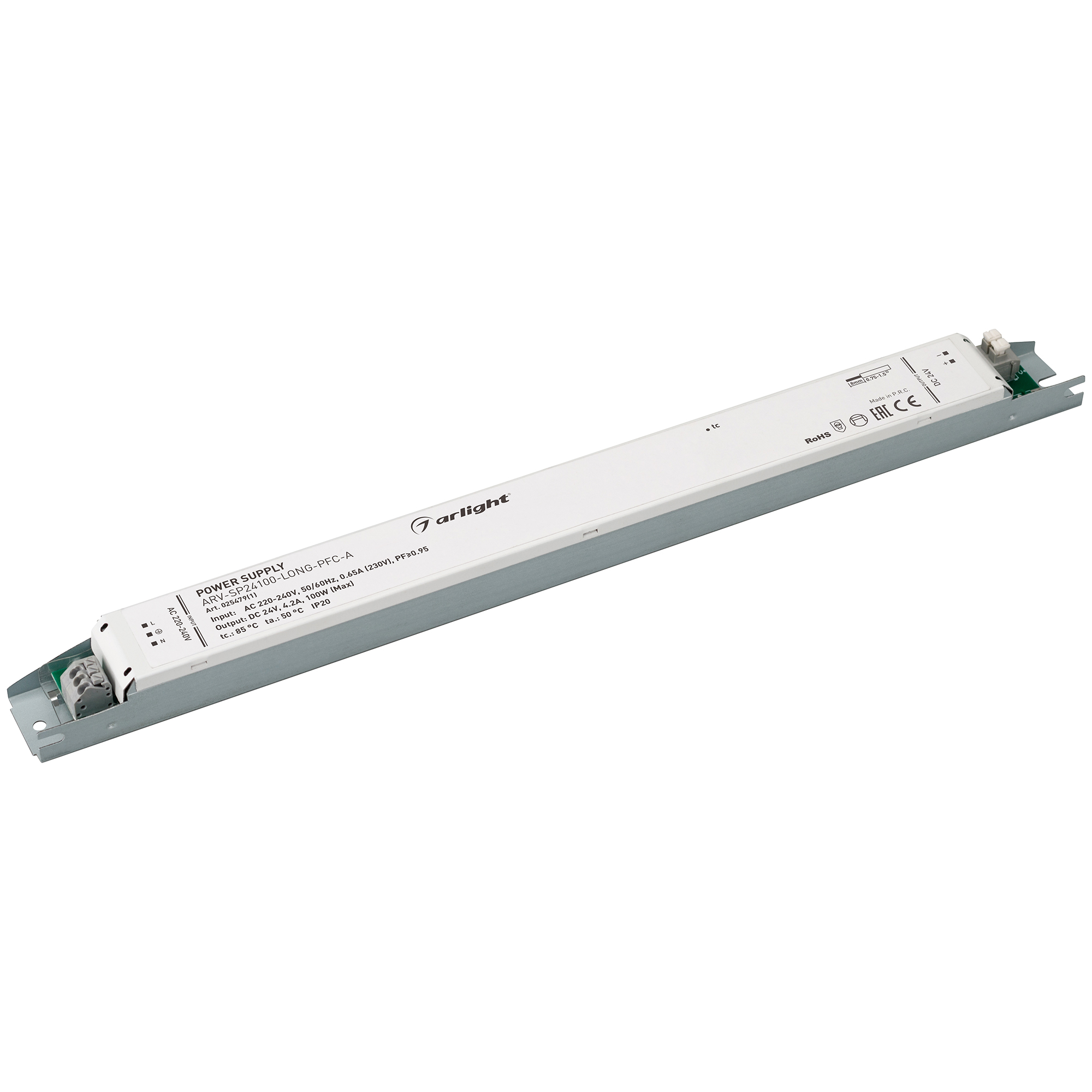 Блок питания ARV-SP24100-LONG-PFC-A (24V, 4.2A, 100W) 025479(1) - Источник напряжения с гальванической развязкой для светодиодных изделий. Входное напряжение 220-240 VAC. Выходные параметры: 24 В, 4.2 А, 100 Вт. Встроенный PFC >0.95. Негерметичный алюмини