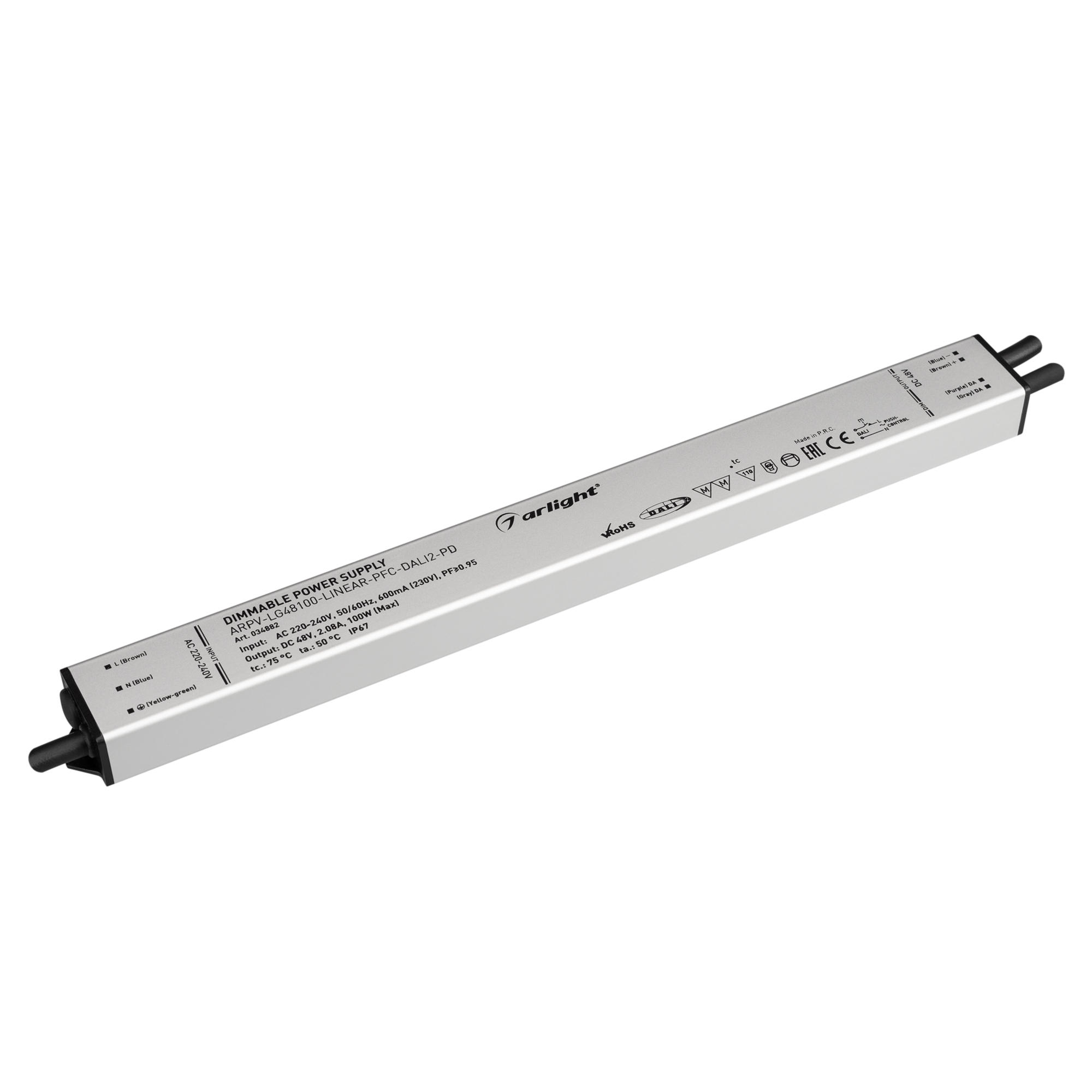 Блок питания ARPV-LG48100-LINEAR-PFC-DALI2-PD (48V, 2.08A, 100W) 034882 - Диммируемый блок питания 48V с гальванической развязкой, ток 2.08А, 100Вт, с управлением DALI, c функцией PUSH-DIM, с корректором мощности, PF>0,95. Тонкий металлический корпус IP67