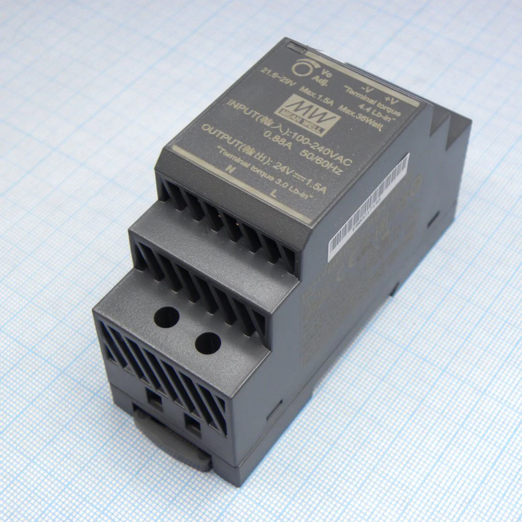 HDR-30-24 - AC-DC, 36Вт, вход 85...264 В AC 47...63Гц/120...370В DC, выход 24В/1.5А, изоляция 3000В AC, в кожухе на DIN-рейку, 35х90х54.5мм, -30...+70°С