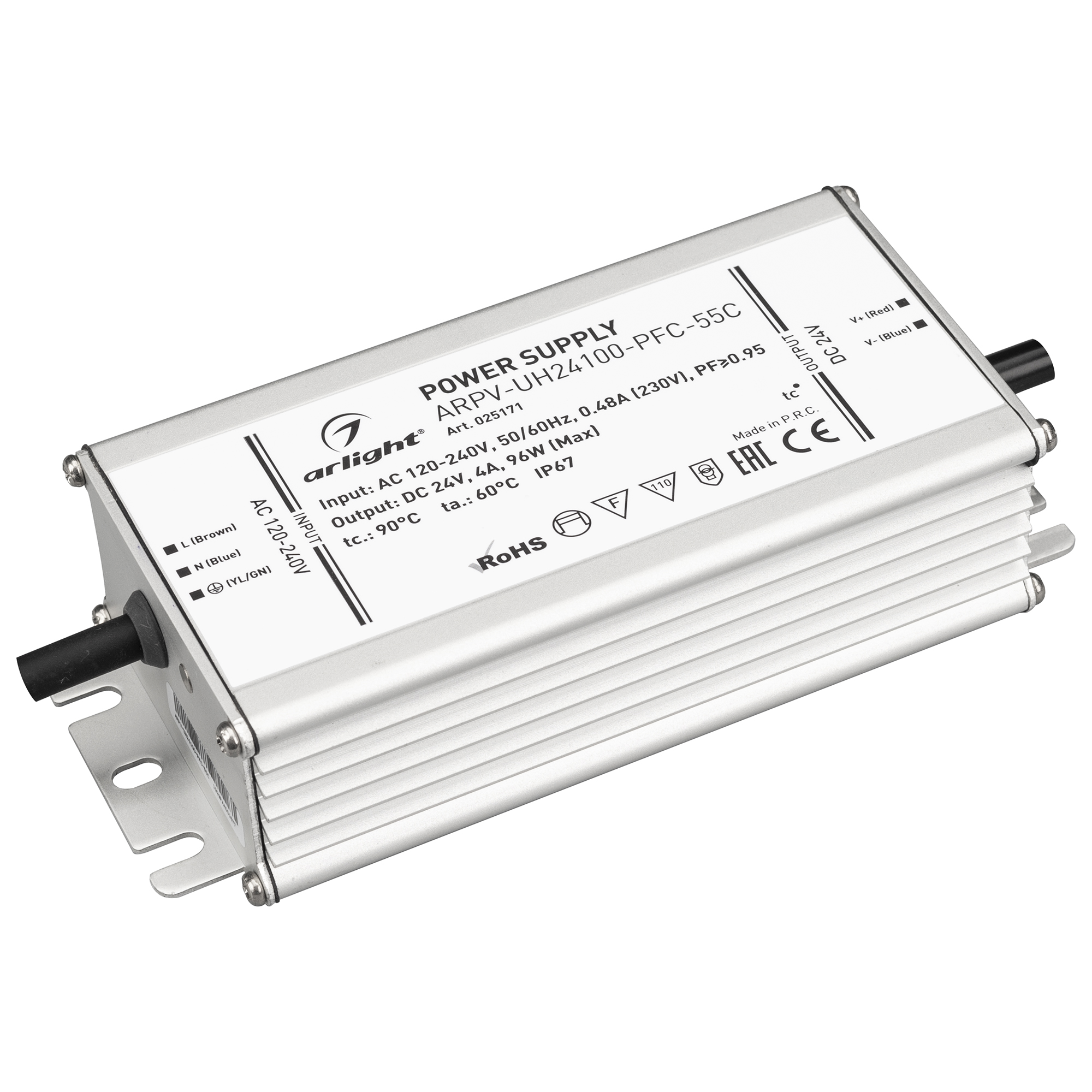 Блок питания ARPV-UH24100-PFC-55C (24V, 4.2A, 100W) 025171 - Источник напряжения с гальванической развязкой для светодиодных изделий. Предназначен для работы в условиях Крайнего Севера с запуском до -55С. Входное напряжение 120-240 VAC. Выходные параметры