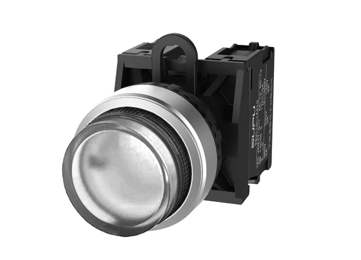 Кнопка выпуклая (прозрачная) TS2527-0BM70-S10 - Кнопка круглая выпуклая, без блокировки, LED AC 220V, алюминиевое переднее кольцо, с мгновенным нажатием, с контактной группой 1NO, диаметр головки кнопки 29,5 мм, диаметр посадочного отверстия: 22 мм, цвет: