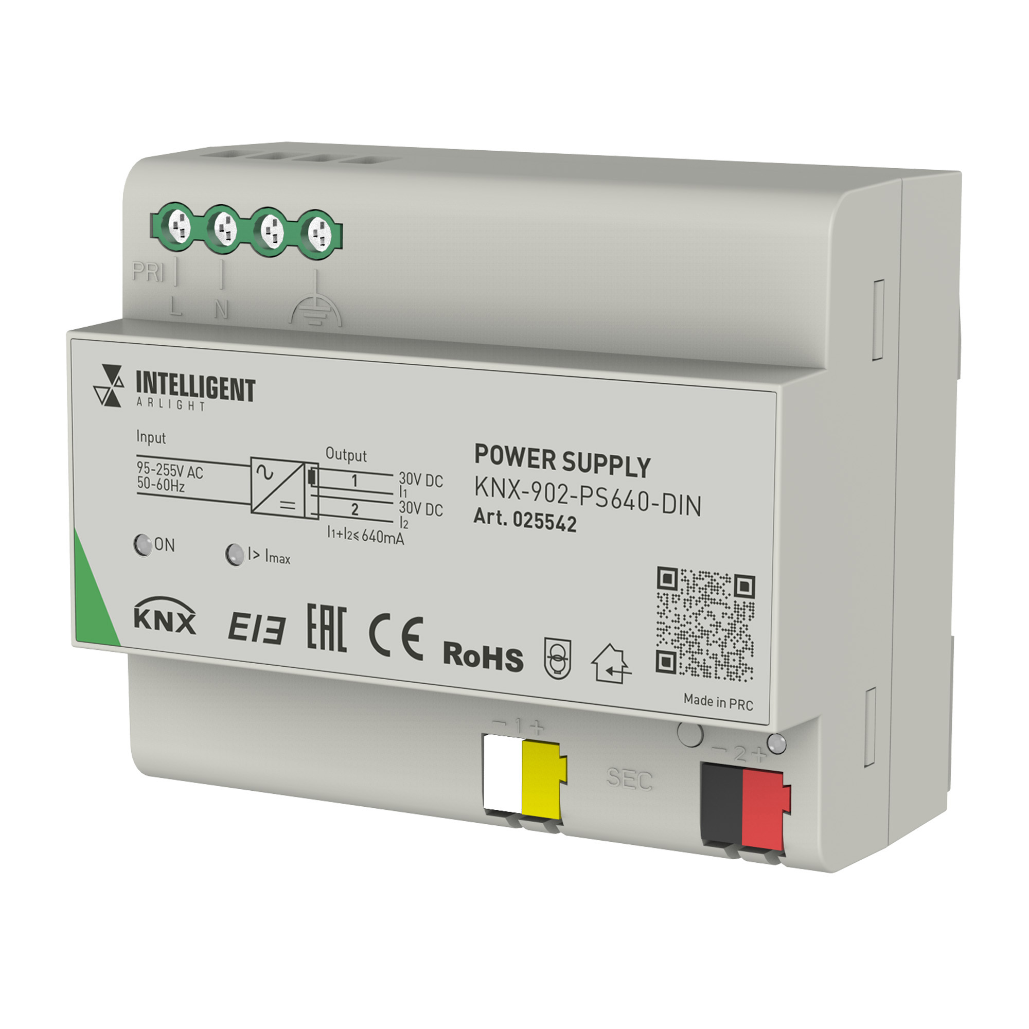 INTELLIGENT ARLIGHT Блок питания шины KNX-902-PS640-DIN (230V, 640mA) 025542 - Блок питания шины KNX для установки на DIN-рейку. Напряжение питания AC 95-255 V, ток нагрузки 640 mA. Два раздельных выхода (BUS + AUX). Размер 90?108?64mm