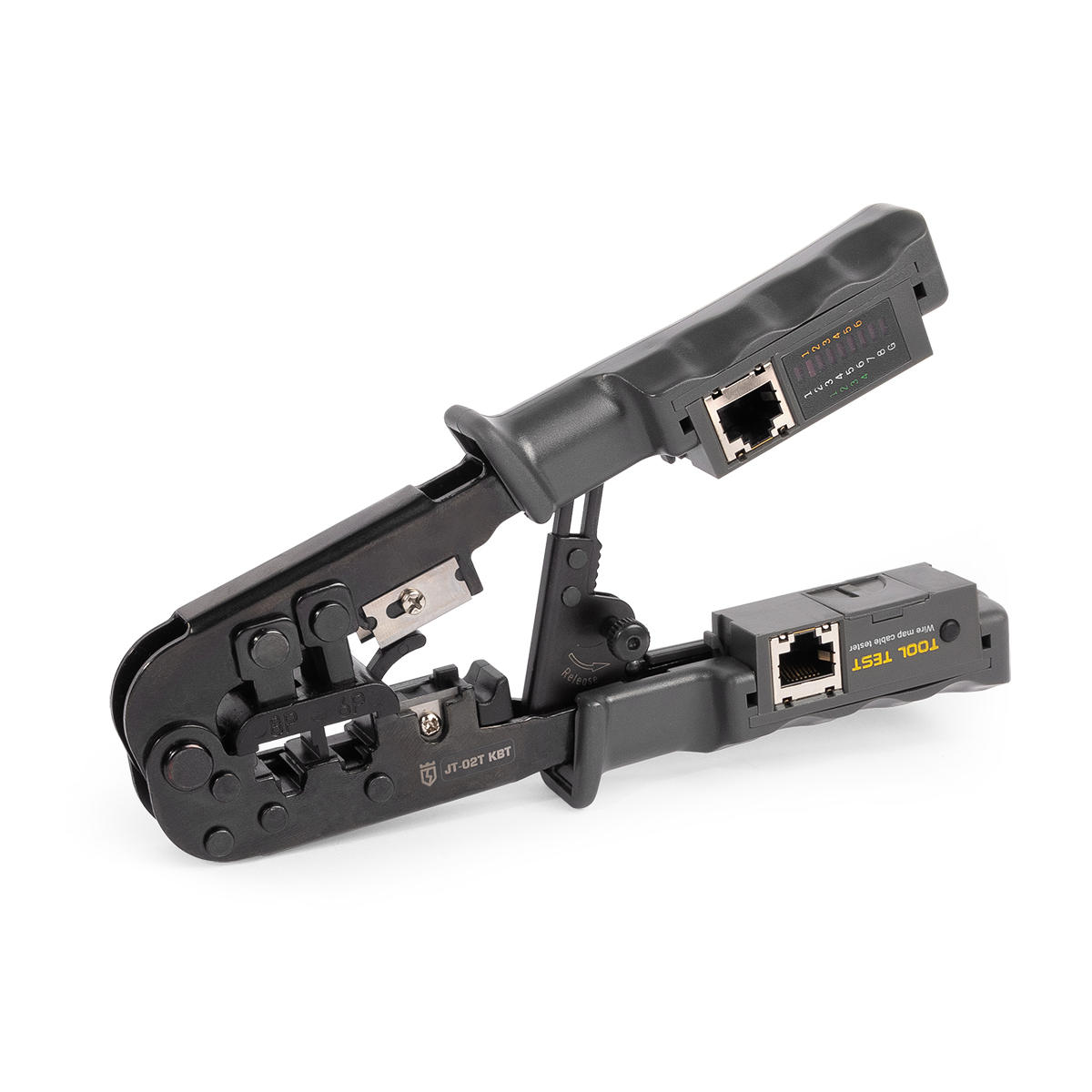 JT-02T - Клещи для обжима разъемов 8Р8С (RJ-45), 6Р6С (RJ-12), 6P4C (RJ-11), 6Р2С, встроенные модули, встроенная функция тестирования кабельных линий
