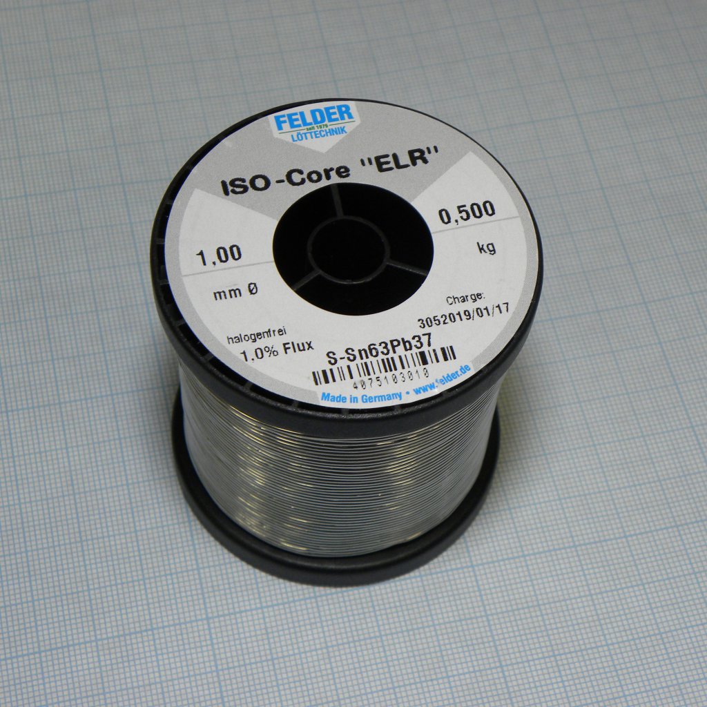 Припой Sn63Pb37 ELR  1.0мм 500гр - Припой трубчатый оловянно-свинцовый ПОС63, флюс 1% ELR безгалогенный органический (ROL0) в катушке