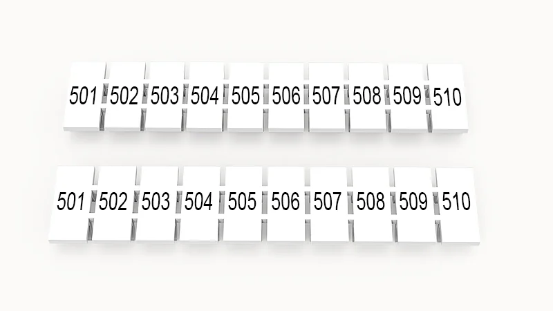 Марк.  полоска ZB5-10P-19-512Z(H) - Маркировочные шильдики для клемм WS…, DC…, PC…, сечением 2,5 мм кв., центральная, 10 шильдиков, нанесенные символы: 501-510 с вертикальным расположением, размер шильдика: 4,55х10,7 мм, цвет белый