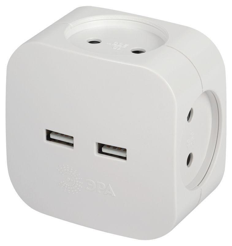 Разветвитель электрический SP-4-USB-W на 4 розетки 220В+ 2xUSB 2400мА без заземл 10А бел. Б0049532