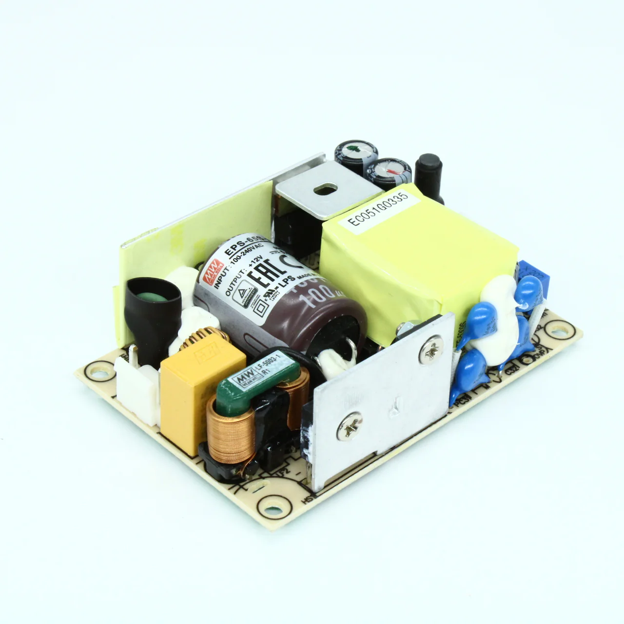 EPS-65S-12 - AC-DC, 65Вт, вход 80…264V AC, 47…63Гц, выход 12В/5.42A, рег. вых 11.4…13.2В, изоляция 3000В AC, открытая плата 76.2х50.8х24мм, -30…+70°С