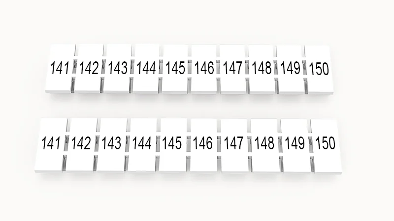 Марк.  полоска ZB5-10P-19-47Z(H) - Маркировочные шильдики для клемм WS…, DC…, PC…, сечением 2,5 мм кв., центральная, 10 шильдиков, нанесенные символы: 141-150 с вертикальным расположением, размер шильдика: 4,55х10,7 мм, цвет белый