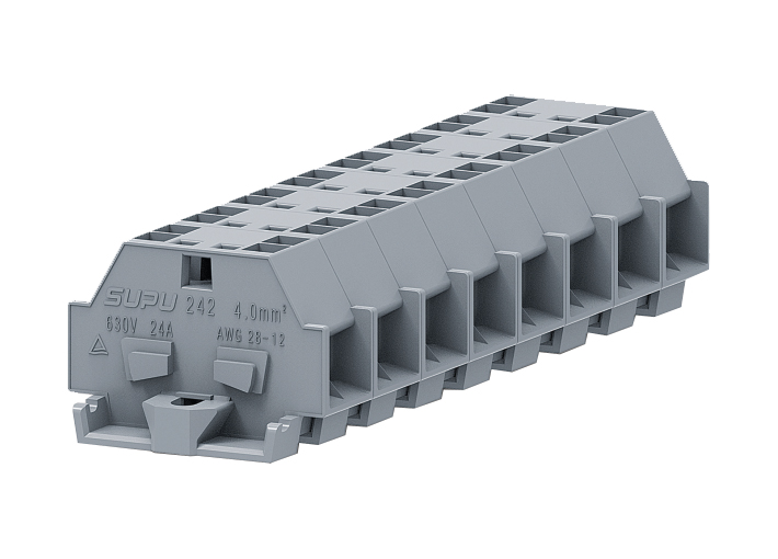 Клемма мини 242331 - Мини клемма, боковой подвод кабеля, 4 точки подключения в клемме, тип фиксации провода: пружинный, номинальное сечение: 4 мм кв., 24A, 630V, цвет: серый, тип монтажа: монтажные фланцы