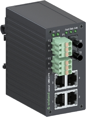 Коммутатор WIENET UMS 4-1FM - Коммутатор серии WieNet, неуправляемый, 4 порта RJ45 скорость передачи 10/100 MBit/s, FOC порт 1x ST (multi mode), номинальное напряжение: 9-30 VDC, монтаж: на DIN рейку, материал корпуса: алюминий