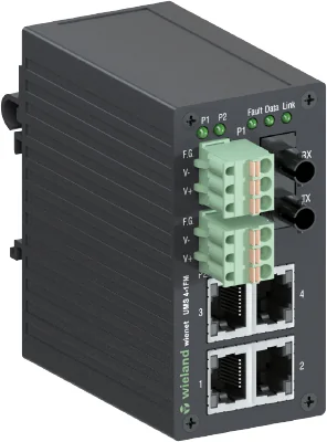 Коммутатор WIENET UMS 4-1FM - Коммутатор серии WieNet, неуправляемый, 4 порта RJ45 скорость передачи 10/100 MBit/s, FOC порт 1x ST (multi mode), номинальное напряжение: 9-30 VDC, монтаж: на DIN рейку, материал корпуса: алюминий
