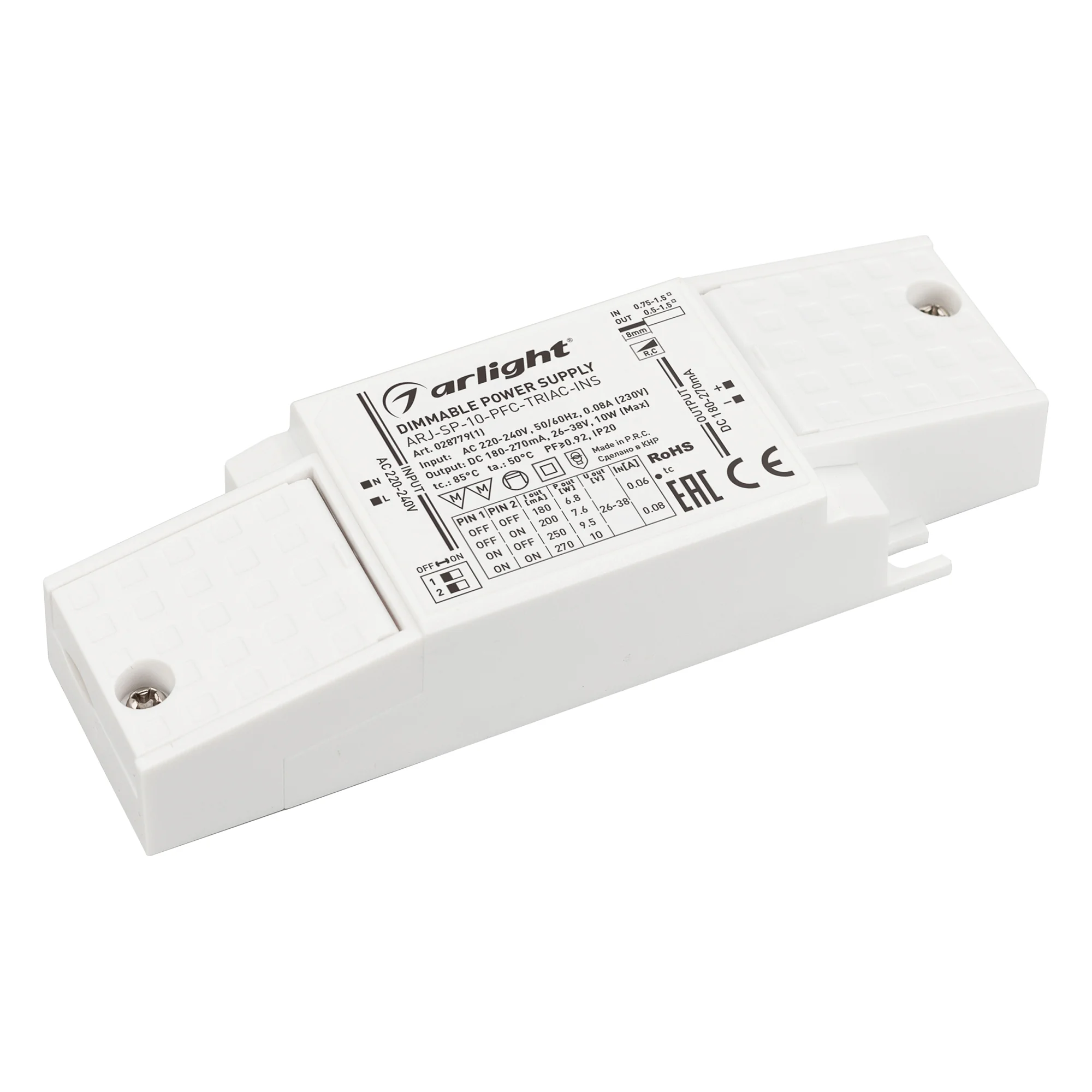 Блок питания ARJ-SP-10-PFC-TRIAC-INS (10W, 26-38V, 0.18-0.27A) 028779(1) - Диммируемый источник тока по стандарту TRIAC с гальванической развязкой для светильников и мощных светодиодов. Входное напряжение 220-240 VAC. Выходные параметры: 26-38 В, 180-270 