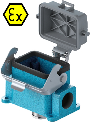 Закрытое основание разъема EX 70.347.0636.0 - Основание разъема на панель, закрытое, типоразмер 6B, взрывозащищита, с уплотнителем, 1 кабельный ввод M25x1,5, IP54, с нижним расположением, с одной защелкой, с защитной крышкой, материал корпуса: цинковый сп