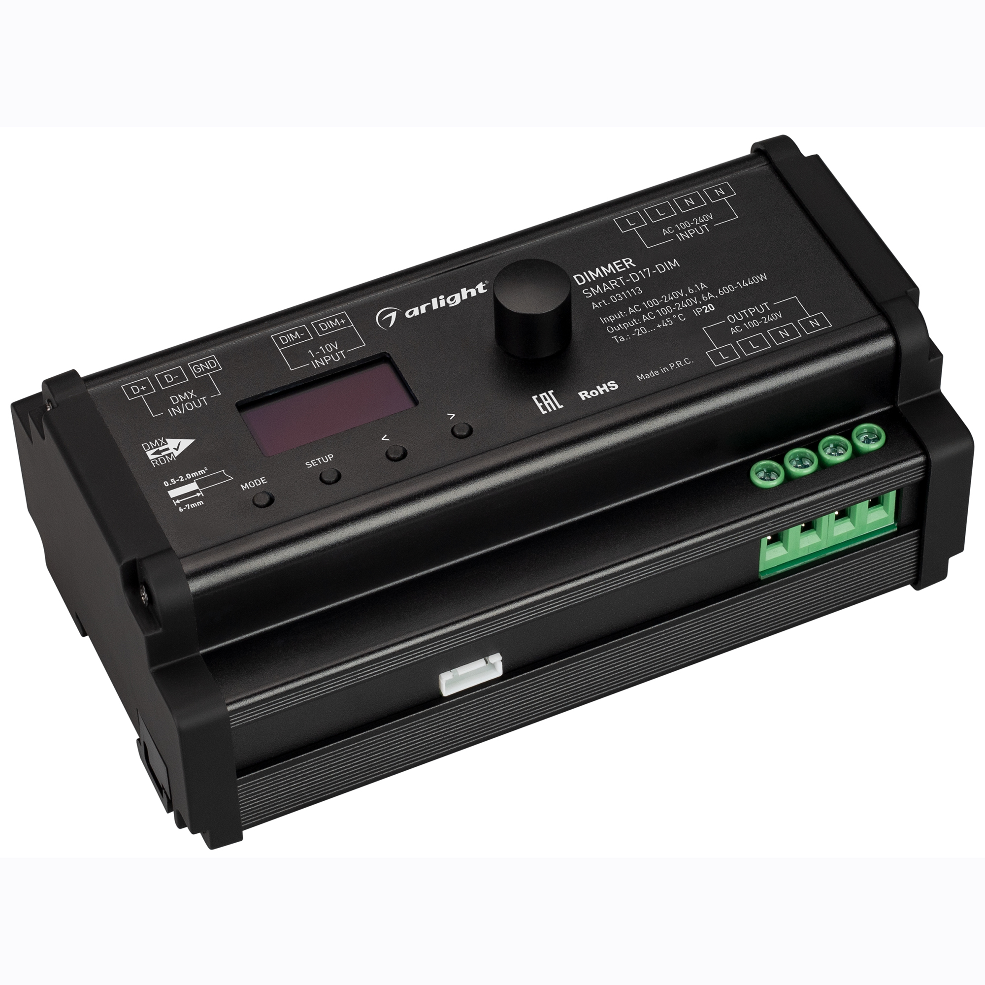 Диммер SMART-D17-DIM (230V, 6A, TRIAC, DIN, 2.4G) 031113 - Диммер для одноцветных источников света (TRIAC). Питание/рабочее напряжение 100-240V AC, выходной ток 6А, выходная мощность 600-1440W. Корпус - PVC, OLed экран. Габариты 168х93.5х63 мм. Управляетс