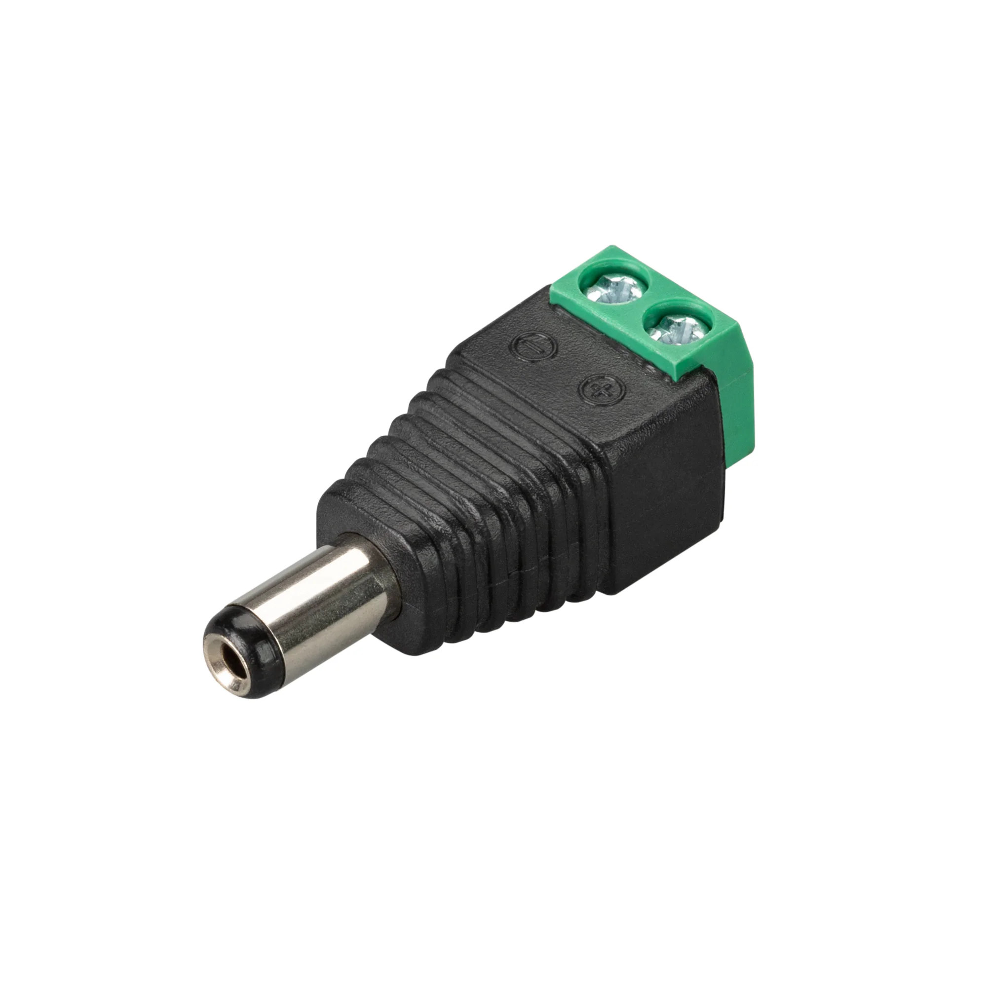 Коннектор Terminal-MONO-2pin-M (Jack 5.5) 019218(1) - Коннектор для подключения светодиодных лент к сетевым адаптерам с DC-коннектором 5.5мм (напряжение не выше 48В). Одна сторона - клеммная колодка для провода ленты, вторая - DC-разъём (папа) для сетевог