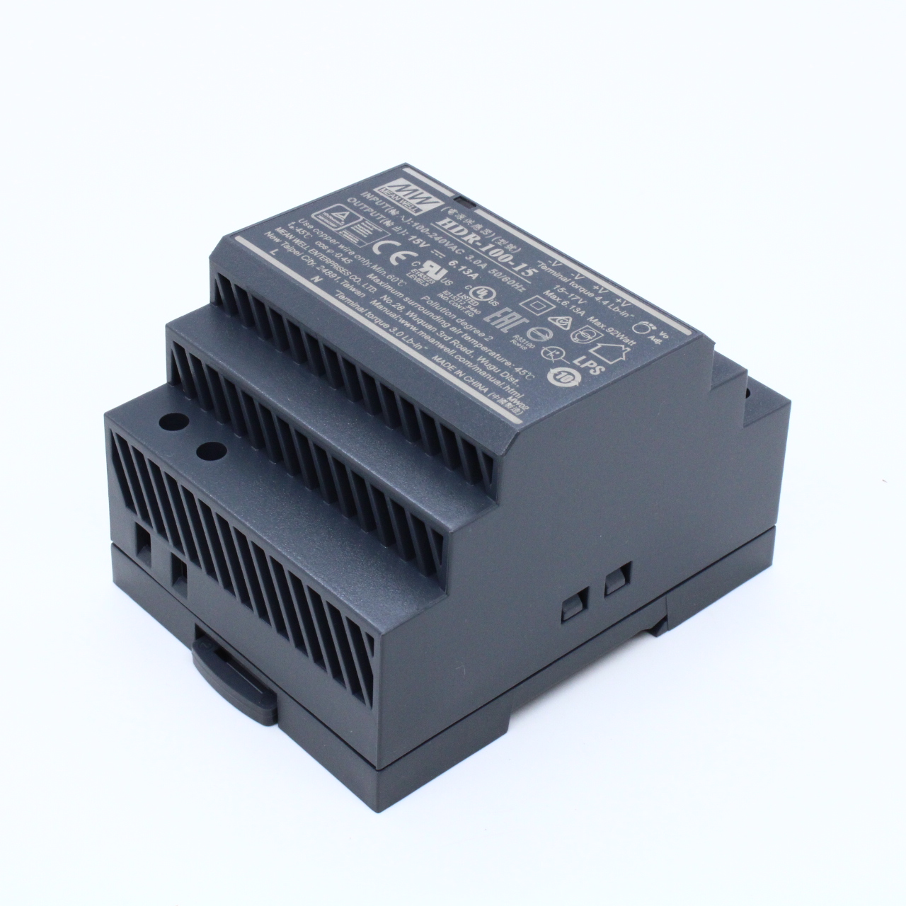 HDR-100-15 - AC-DC, 92Вт, вход 85...264 В AC 47...63Гц/120...370В DC, выход 15В/6.13А, рег. выхода 15…17В, изоляция 3000В AC, в кожухе на DIN-рейку, 70х90х54.5мм, -30...+70°С