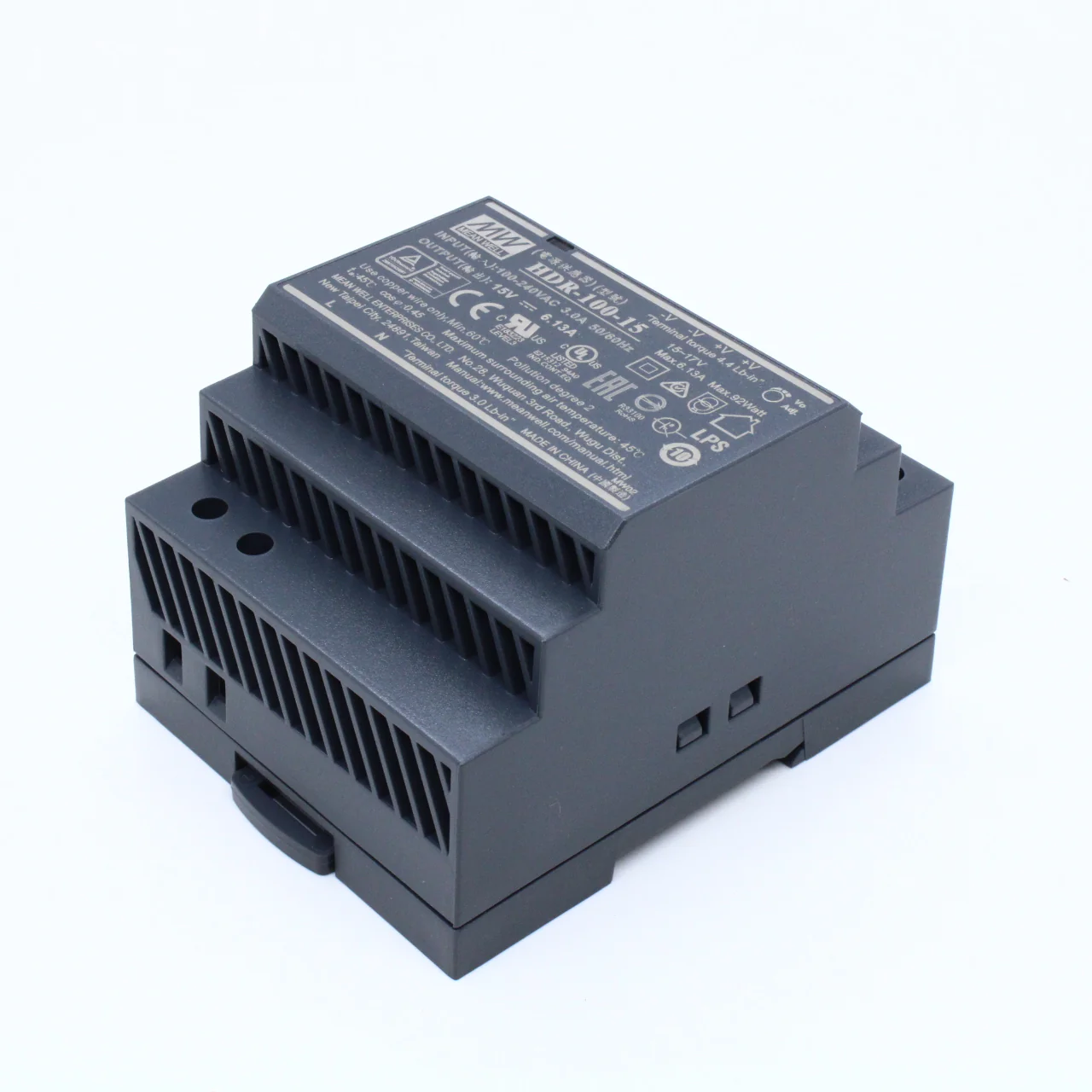 HDR-100-15 - AC-DC, 92Вт, вход 85...264 В AC 47...63Гц/120...370В DC, выход 15В/6.13А, рег. выхода 15…17В, изоляция 3000В AC, в кожухе на DIN-рейку, 70х90х54.5мм, -30...+70°С