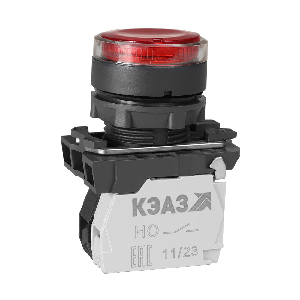 Кнопка КМЕ4111мЛ-220В-красный-1но+1нз-цилиндр-индикатор-IP40- 292037