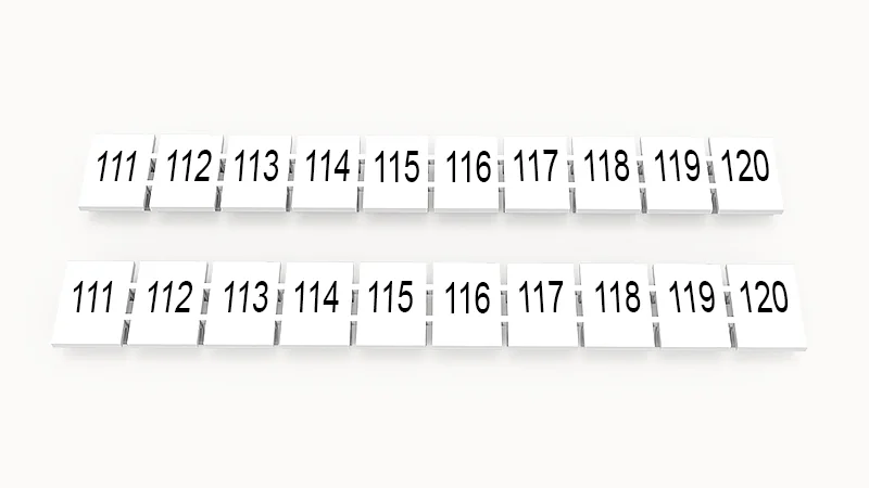 Марк.  полоска ZB8-10P-19-17Z(H) - Маркировочные шильдики для клемм WS…, DC…, PC…, сечением 6 мм кв., центральная, 10 шильдиков нанесенные символы: 111-120, с вертикальным расположением, размер шильдика: 7,45х10,7 мм, цвет белый