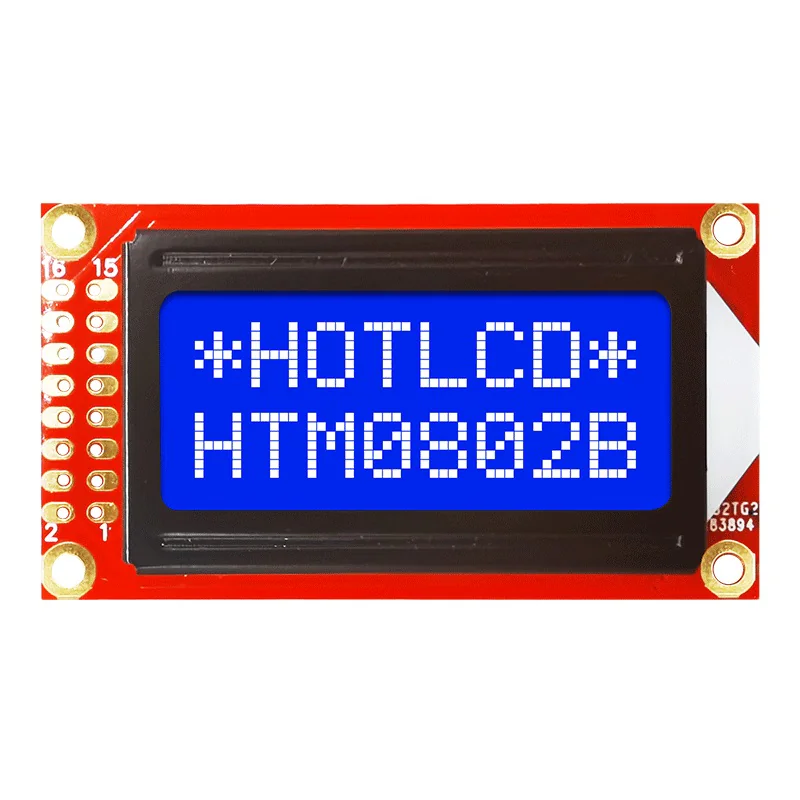 HTM0802B-25W-T5P-V03 - ЖКИ знакосинтезирующий 8 x 2, STN Синий Негативный/прозрачный светодиодная подсветка белая, питание 5В, размер 58x32 мм, видимая область 38х16 мм, -20...70°C, 6 o`clock, 16 контактов 2 ряда слева