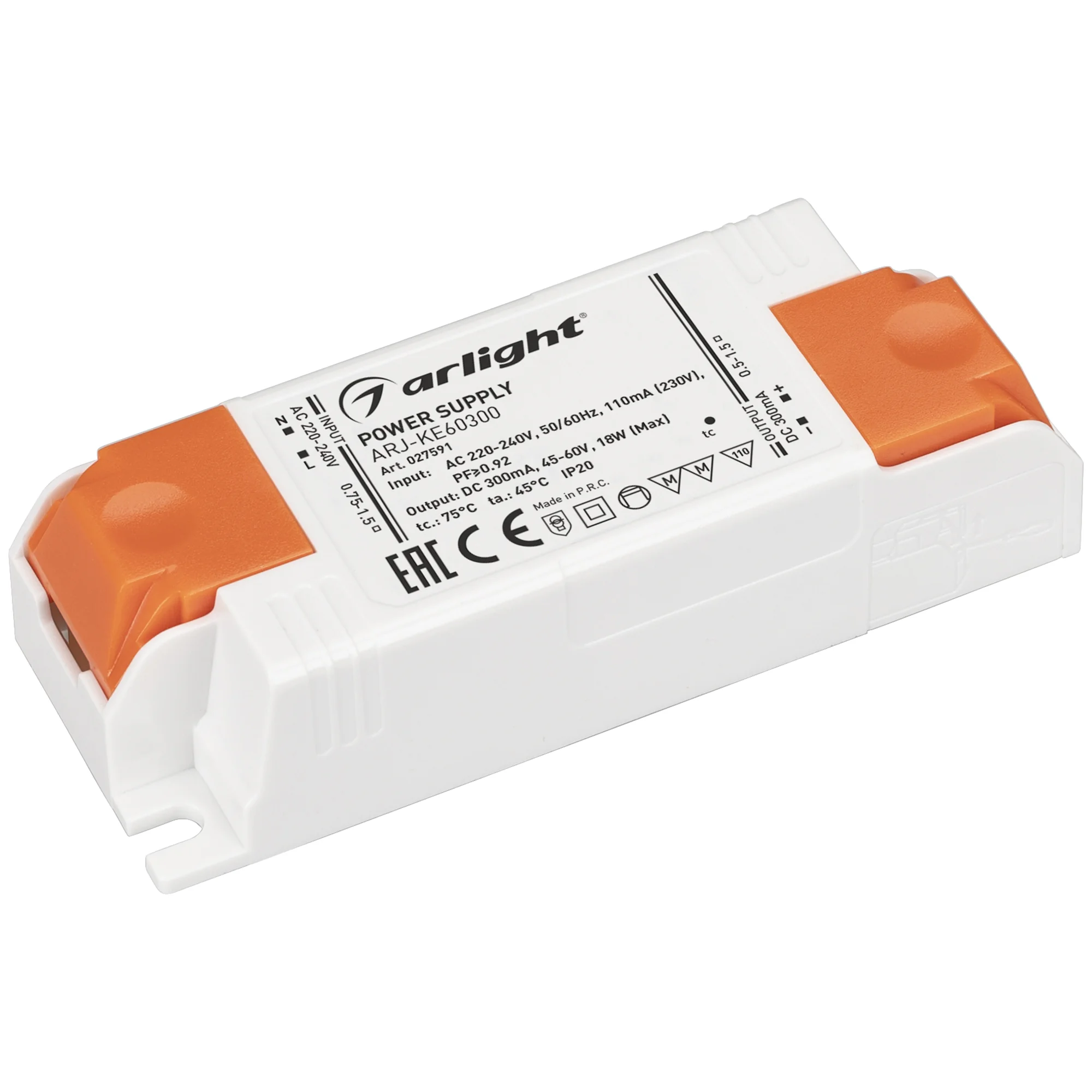 Блок питания ARJ-KE60300 (18W, 300mA, PFC) 027591 - Источник тока с гальванической развязкой для светильников и мощных светодиодов. Входное напряжение 220-240 VAC. Выходные параметры: 45-60 В, 300 mА, 18 Вт. Встроенный PFC >0.92. Негерметичный пластиковый