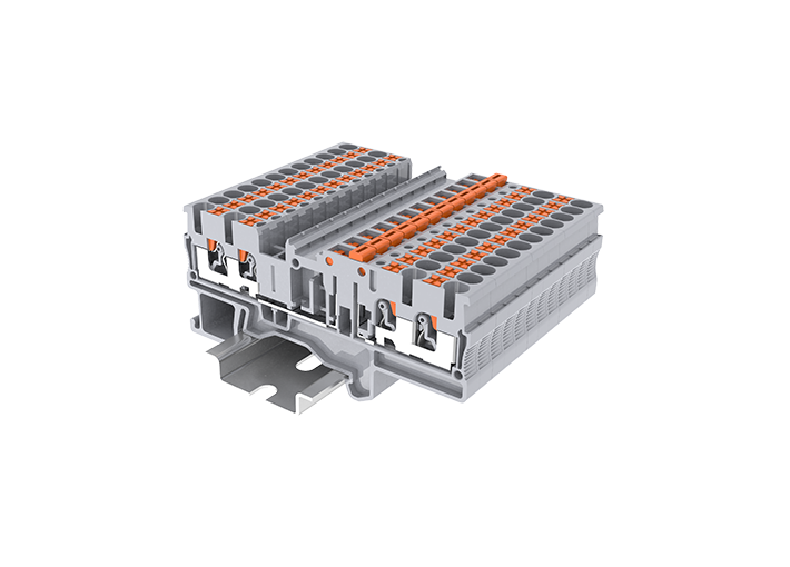 Клемма с размыкат. TPK2.5-4-GY - Клемма с ножевым размыкателем, 4 точки подключения, тип фиксации провода: push-in, номинальное сечение: 2,5 мм кв., 20A, 400V, ширина: 5,2 мм, цвет: серый, тип монтажа: DIN 35