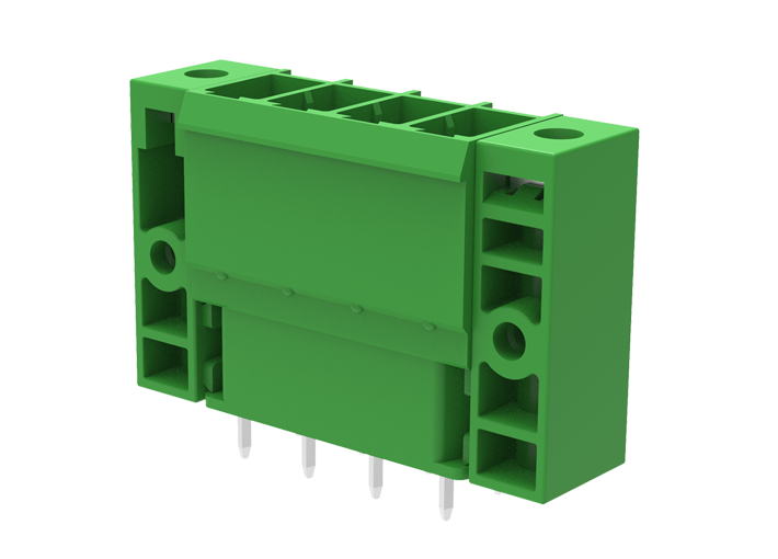 Вилочный разъем на плату MC-PH7.62V03-F-0001 - Вилочный разъем, вертикальный, на плату, шаг: 7.62 мм, 3 полюса, фиксация на плате пайкой, исполнение: три вывода на полюс, с монтажными фланцами, 630V, 20A, цвет: зеленый