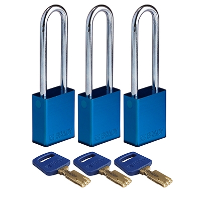 gws150277 - Замки SafeKey алюминиевые со стальной дужкой, высота дужки – 76 мм, диаметр дужки – 6.4 мм, алюминиевый корпус, размеры корпуса – 46х38х19 мм, система "Одинаковые ключи", цвет – синий, 3 шт/упак