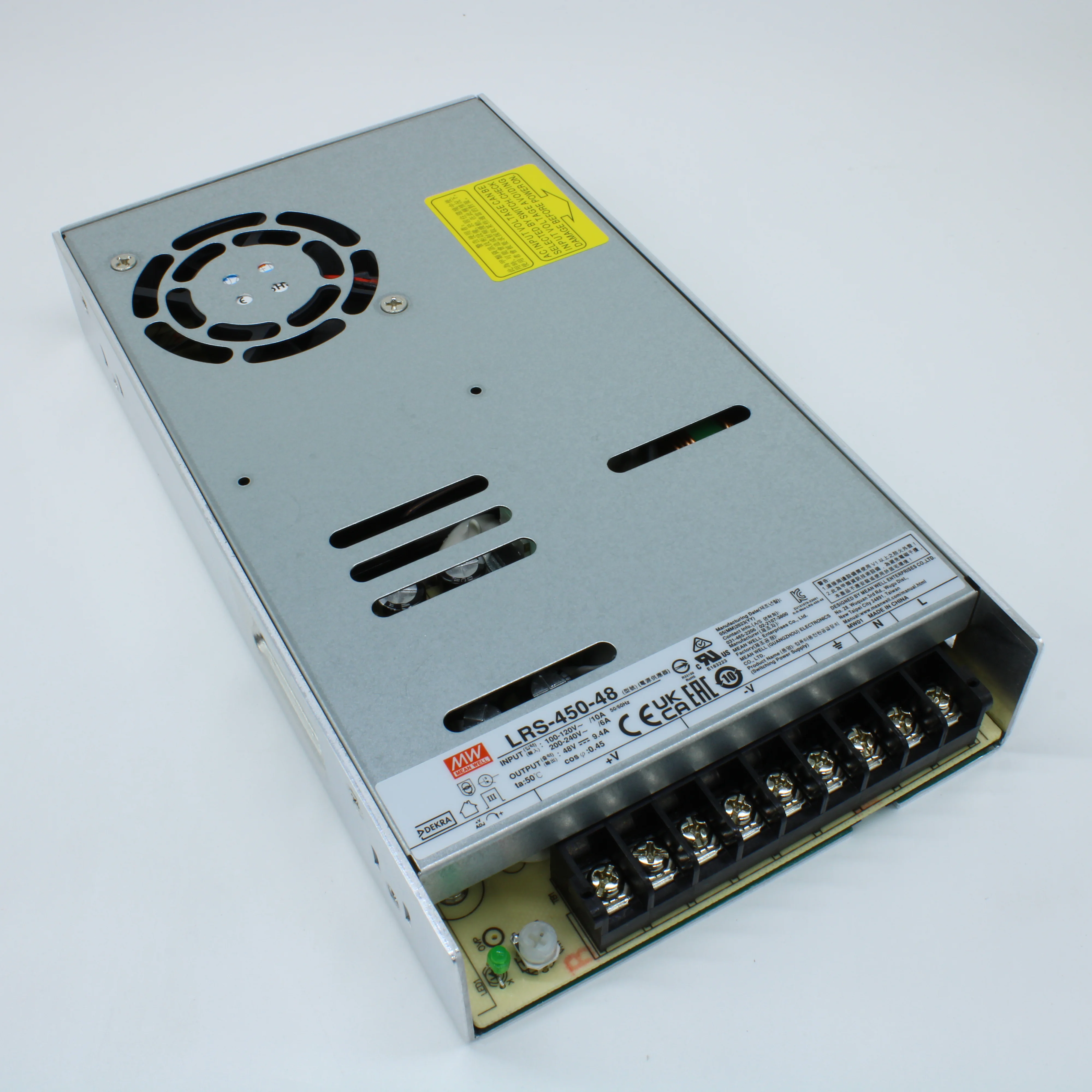 LRS-450-48 - AC-DC, 451.2Вт, вход 90…264В AC (переключатель), 47…63Гц, выход 48В/9.4A, рег.вых=45.6…52.8В, изоляция 3000В AC, в кожухе 225х124х35мм, -25…+70°С