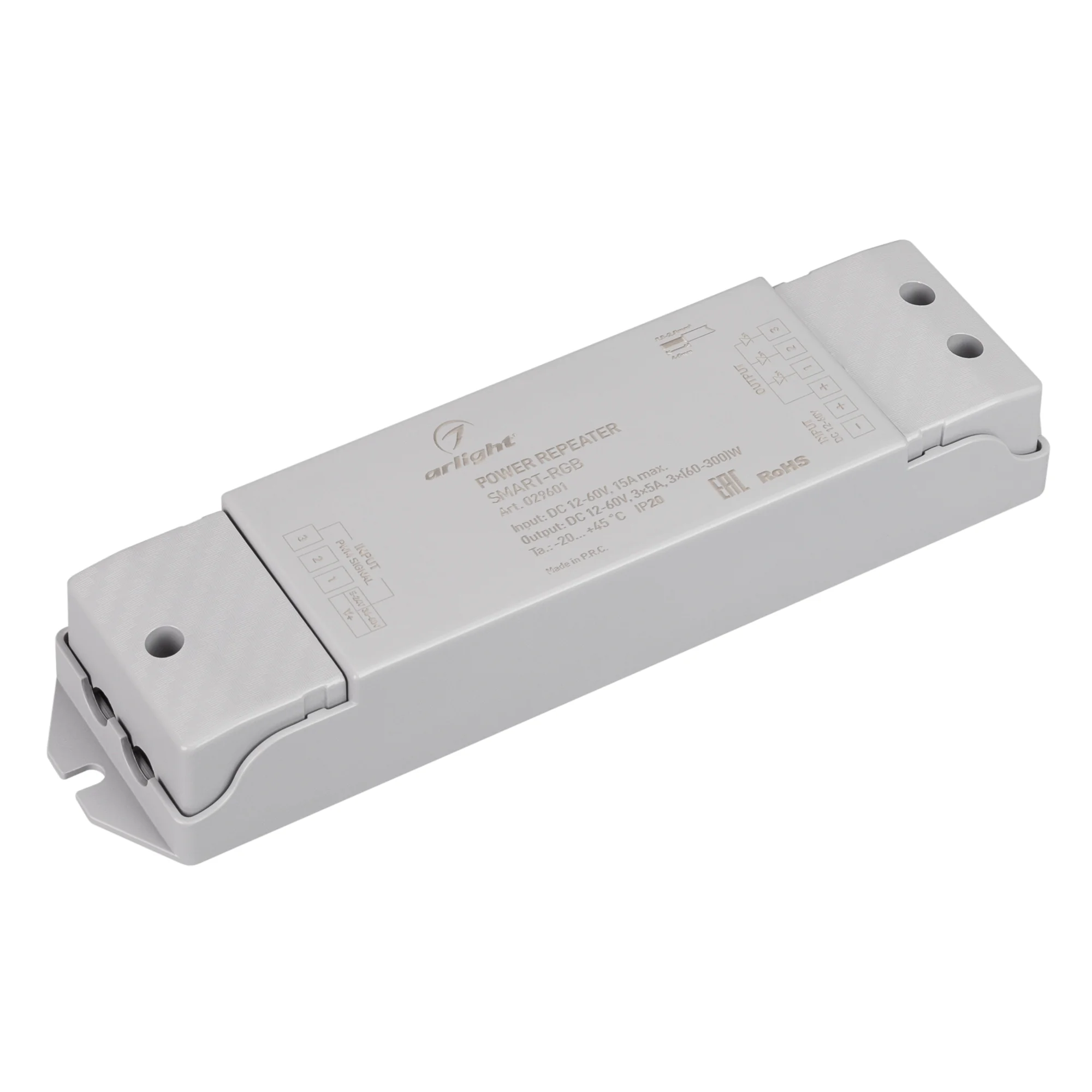Усилитель SMART-RGB (12-60V, 3x5A) 029601 - RGB-усилитель. Питание 12-60VDC. 3 канала, ток нагрузки 3x5A, мощность нагрузки 216-1080W. Размер 175x45x27 мм.