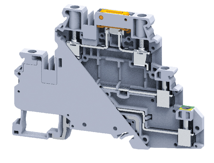Этажная клемма CYDLGK4 - Этажная клемма, верхний ряд с ножевым размыкателем, нижинй ряд с заземлением, тип фиксации провода: винтовой, номинальное сечение: 4 мм кв., 28/32A, 500V, ширина: 6 мм, цвет: желто-зеленый, тип монтажа: DIN 35