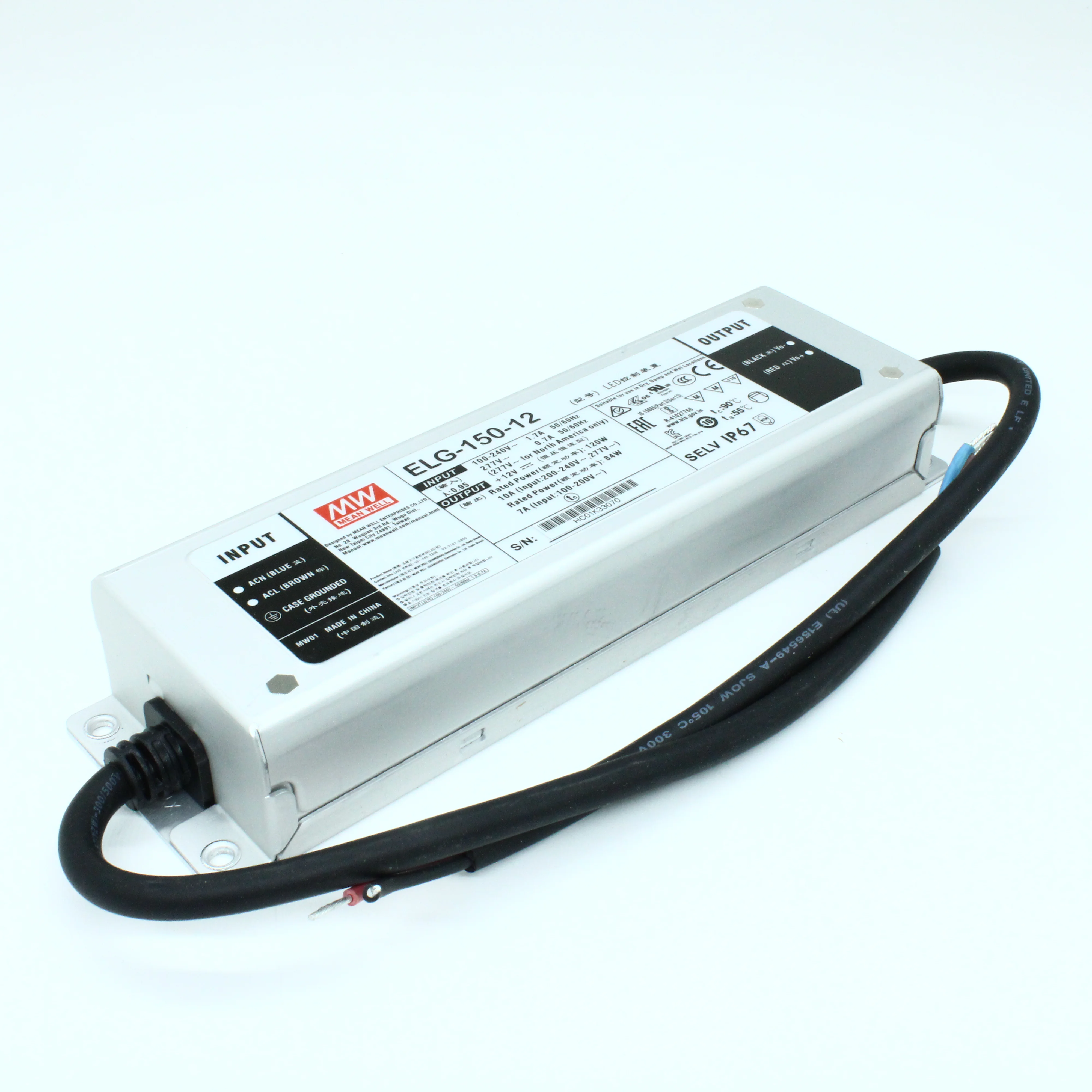 ELG-150-12 - AC-DC, 120Вт, IP67, вход 100…305В AC, 47…63Гц/142…431В DC, ККМ, выход 6...12В/10А, изоляция 3750В AC, в кожухе 219х63х35,5мм, -40…+70°С,