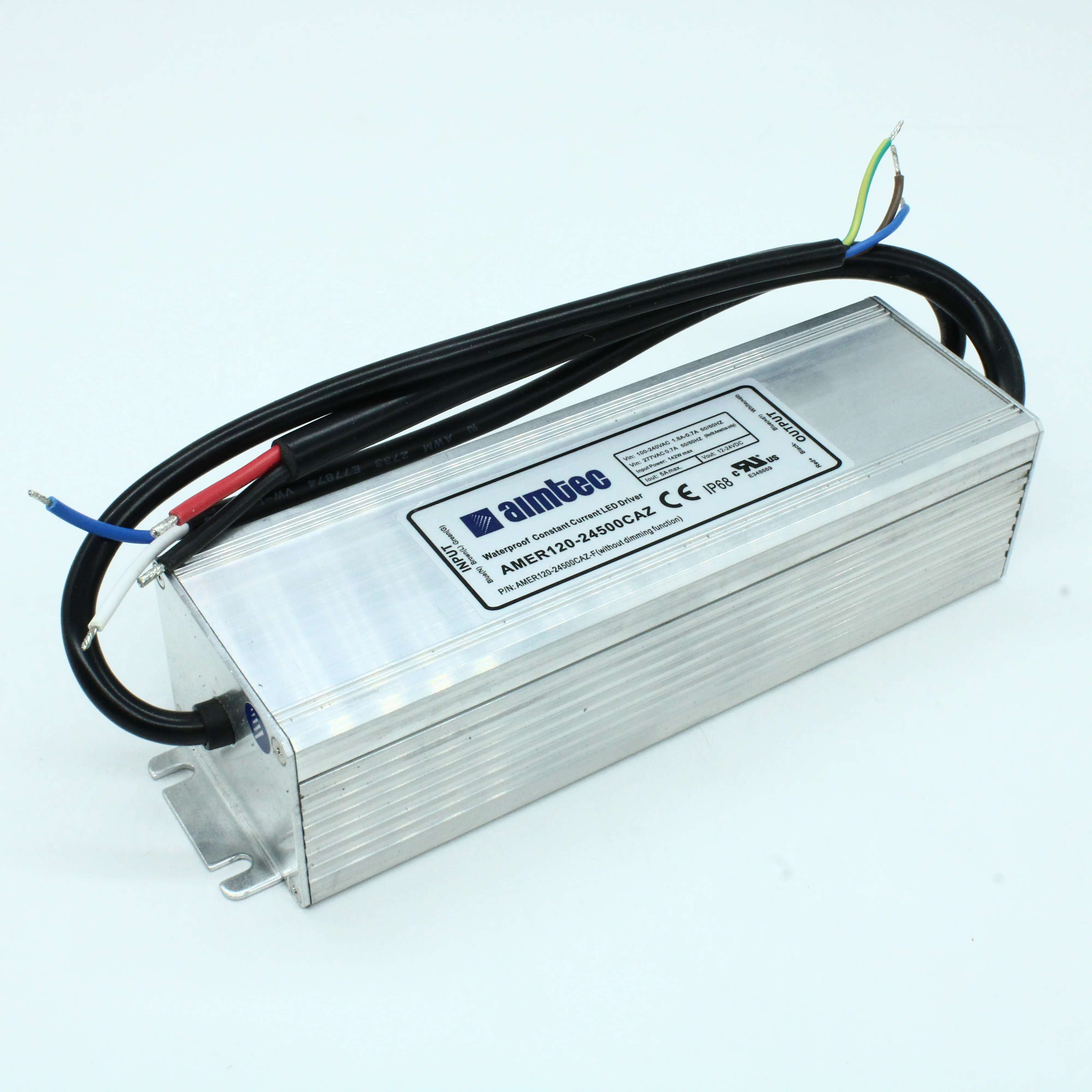 AMER120-24500CAZ - AC-DC led, 120Вт, выход DC 12...24В, Iстаб=5000мА, стаб. тока/стаб.напр., IP68, вход AC 90...305В, DC 120...430В, PFC,  КПД 85%, изоляция 3750В AC, в корпусе, -55...+85°С