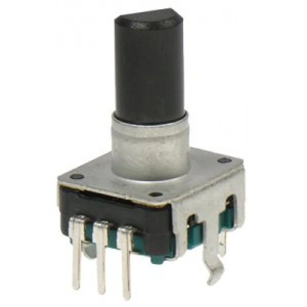 PEC12R-4225F-S0024 - Энкодер PEC12, 24 щелчка, 24 импульса, пластмассовый вал с лыской 25мм, с кнопкой, горизонтальные выводы