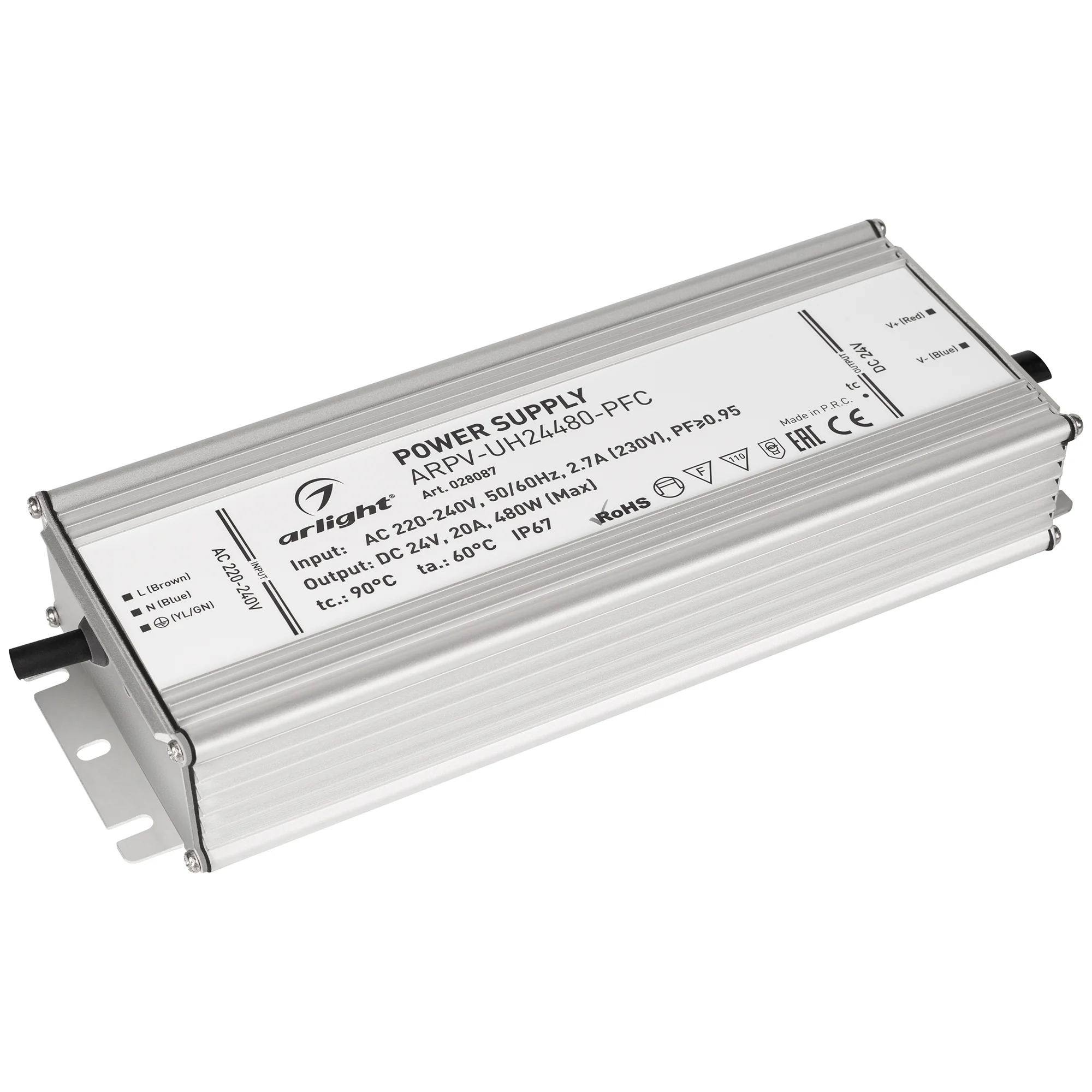 Блок питания ARPV-UH24480-PFC (24V, 20A, 480W) 028087 - Источник напряжения с гальванической развязкой для светодиодных изделий. Входное напряжение 220-240 VAC. Выходные параметры: 24 В, 20 А, 480 Вт. Встроенный PFC >0,95. Герметичный алюминиевый корпус I
