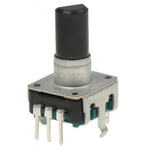 PEC12R-4220F-S0024 - Энкодер PEC12, 24 щелчка, 24 импульса, пластмассовый вал с лыской 20мм, с кнопкой, горизонтальные выводы