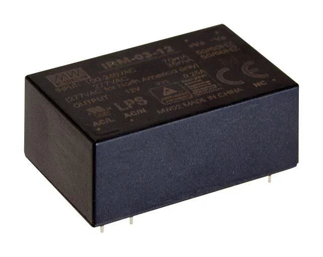 IRM-03-3.3 - AC-DC,3Вт, вход 85…305В AC 47...440 Гц, 120...370B DC, выход 3.3В/900мА, изоляция 3000В AC, в корпусе на плату 37х24х15мм, -30...+85°C, монтаж в отверстия