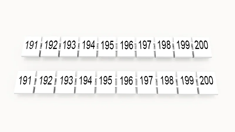 Марк.  полоска ZB8-10P-19-25Z(H) - Маркировочные шильдики для клемм WS…, DC…, PC…, сечением 6 мм кв., центральная, 10 шильдиков нанесенные символы: 191-200, с вертикальным расположением, размер шильдика: 7,45х10,7 мм, цвет белый