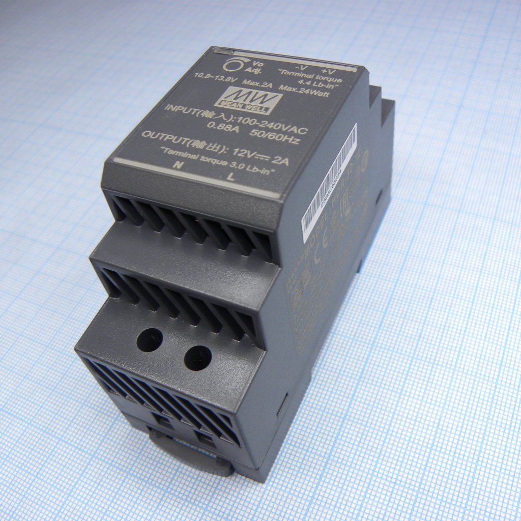 HDR-30-12 - AC-DC, 24Вт, вход 85...264 В AC 47...63Гц/120...370В DC, выход 12В/2А, изоляция 3000В AC, в кожухе на DIN-рейку, 35х90х54.5мм, -30...+70°С