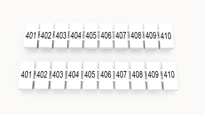 Марк.  полоска ZB5-10P-19-522Z(H) - Маркировочные шильдики для клемм WS…, DC…, PC…, сечением 2,5 мм кв., центральная, 10 шильдиков, нанесенные символы: 401-410 с вертикальным расположением, размер шильдика: 4,55х10,7 мм, цвет белый