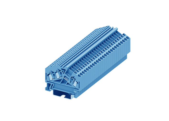 Проходная клемма 225963 - Проходная клемма, TA2.5, угловая, 3 точки подключения, тип фиксации провода: пружинный, номинальное сечение: 2,5 мм кв., 24A, 800V, ширина: 5 мм, цвет: синий, тип монтажа: DIN
