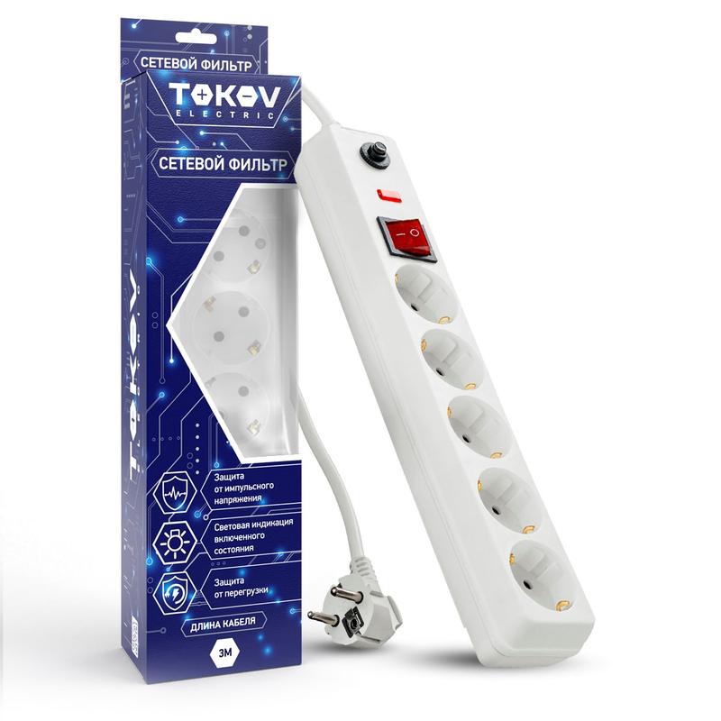 Удлинитель с сетевым фильтром 5х3м с заземл. с выкл. 16А с защ. от скачков напр. и перегрузок 3х1 бел. TKE-C01-SF5-3-ZV