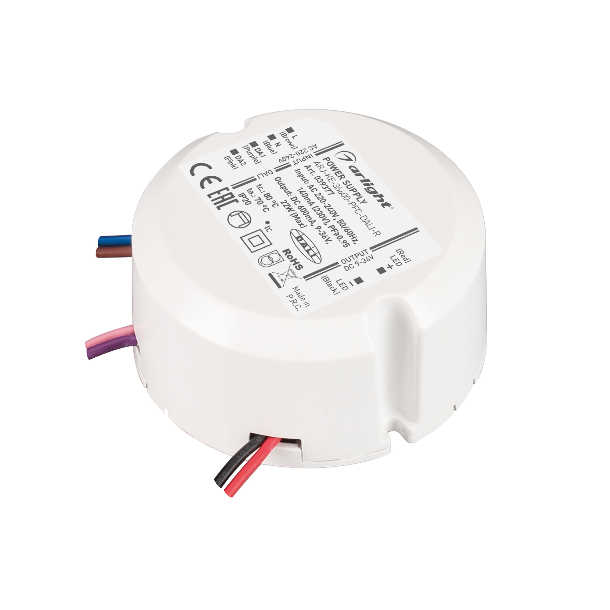 Блок питания ARJ-KE-36600-PFC-DALI-R (22W, 9-36V, 0.6A) 039377 - Диммируемый источник тока по протоколу DALI и функцией Push Dim с гальванической развязкой для светильников и мощных светодиодов. Входное напряжение 220-240 VAC. Выходные параметры: 9-36В (6