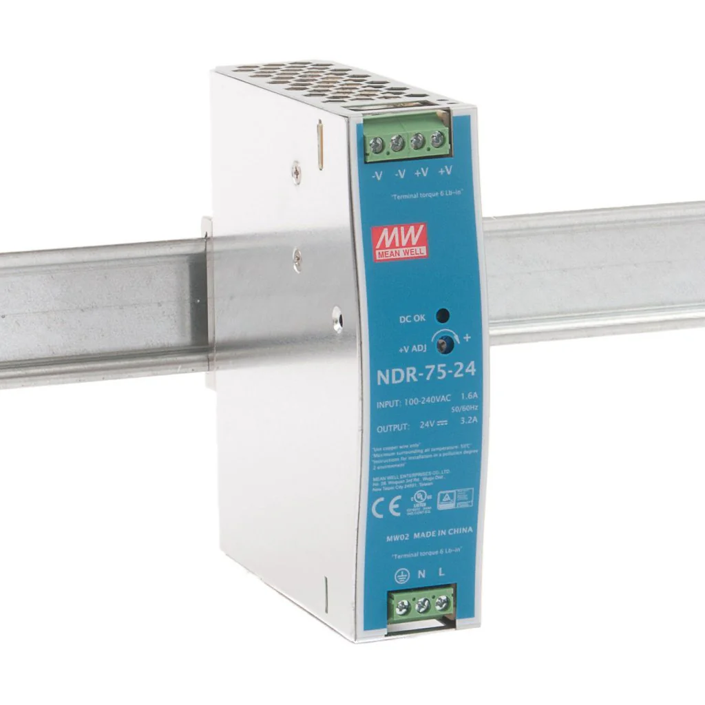 NDR-75-24 - Преобразователь AC-DC на DIN-рейку  77Вт, вход 90…264V AC, 47…63Гц /127…370В DC, выход 24В/3.2A, рег. вых 24…28В, изоляция 3000В AC, в кожухе  32х125.2х102мм, -20…+60°С