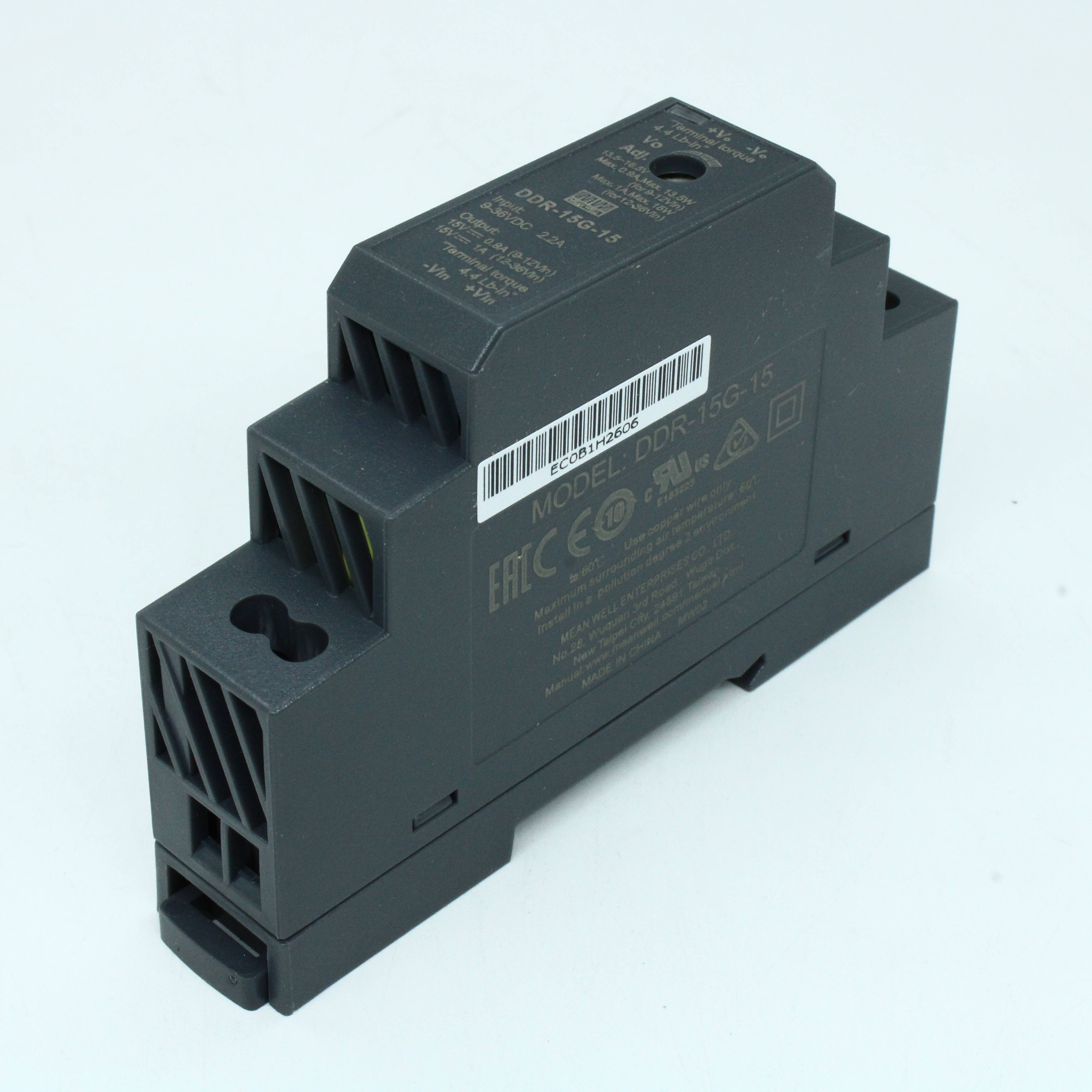 DDR-15G-15 - DC-DC, 15Вт, вход 9…36 В DC, выход 15В/1А, изоляция 4000В DC, в кожухе на DIN-рейку, 17.5х90х54.5мм, -40...+85°С