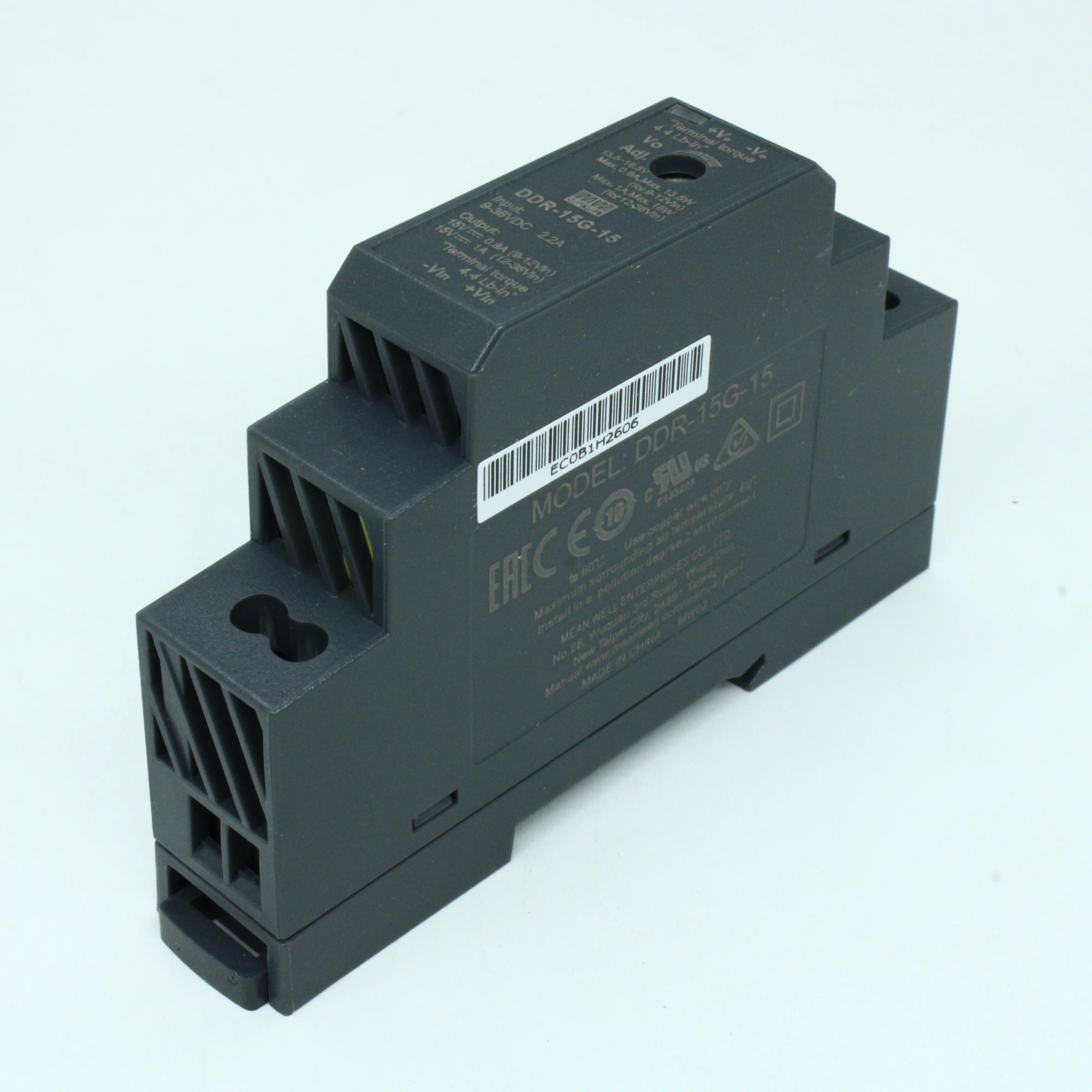 DDR-15G-15 - DC-DC, 15Вт, вход 9…36 В DC, выход 15В/1А, изоляция 4000В DC, в кожухе на DIN-рейку, 17.5х90х54.5мм, -40...+85°С